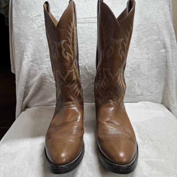 Tony Lama Leather Boots Men 10 EE Brown Cowboy Western Pointed Toe Embroidered - Picture 2 of 16